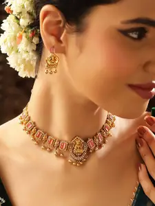 Priyaasi Gold-Plated Stone Studded & Beaded Necklace and Earrings