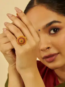 Kushal's Fashion Jewellery Gold-Plated Stone Studded Adjustable Finger Ring