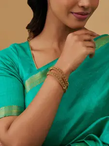 Kushal's Fashion Jewellery Set Of 2 Gold Plated Stone Studded Antique Bangles