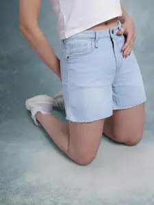 The Roadster Life Co. Women High-Rise Wide Leg Pure Cotton Frayed Denim Shorts