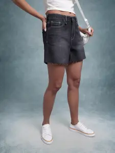 The Roadster Life Co. Women High-Rise Wide Leg Pure Cotton Frayed Denim Shorts