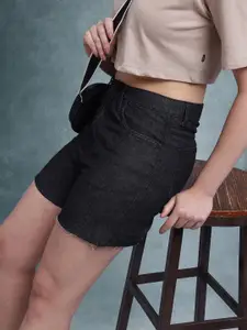 The Roadster Life Co. Women High-Rise Wide Leg Pure Cotton Frayed Denim Shorts