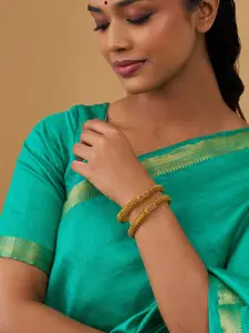 Kushal's Fashion Jewellery Set Of 2 Gold Plated Stone Studded Antique Bangles