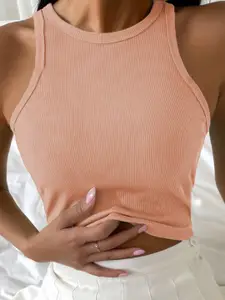 TOOCHKI Women Round Neck Sleeveless Lycra Fitted Crop Tank Top