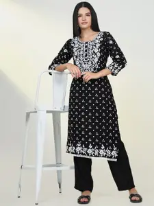 SHOWOFF Round Neck Bandhani Printed Chikankari Straight Kurta