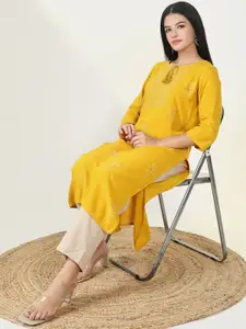 SHOWOFF Tie-Up Neck Floral Embroidered Chikankari Straight Kurta