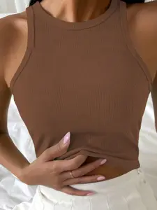 TOOCHKI Women Round Neck Sleeveless Lycra Fitted Crop Tank Top