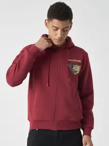 True Religion Men Brand Logo Printed Hooded Full Sleeves Front Open Sweatshirt