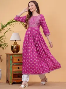 NEW4U Round Neck Floral Printed Sequinned Pleated A-line Kurta