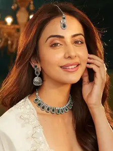 AccessHer Silver-Plated AD Stone Studdded Necklace and Earrings With Maang Tika