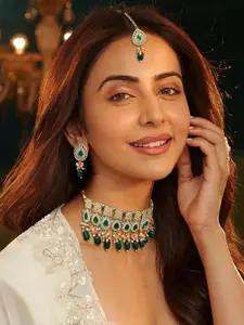 AccessHer Gold-Plated AD Stone Studded & Beaded Necklace and Earrings With Maang Tika