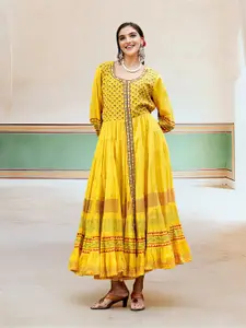 Ishin Cotton Ethnic Motifs Printed Round Neck Tiered Fit and Flare Maxi Ethnic Dress