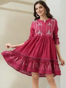 Ishin Women Embroidered Cotton Fit & Flare Dress