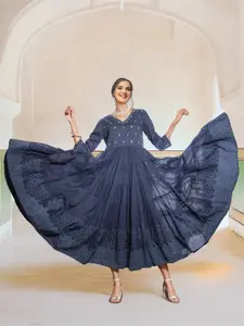 Ishin Women Floral Printed Cotton Fit & Flare Maxi Dress