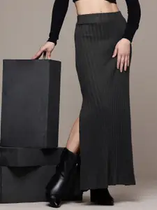 The Roadster Life Co. Women Ribbed High Side Slit A-Line Maxi Skirt