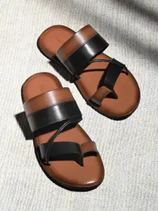 LOUIS STITCH Men Tan & Black Open Toe Lightweight Leather Sandals