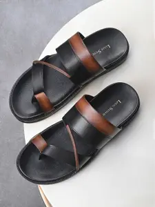 LOUIS STITCH Men Black and Tan Open Toe Style Lightweight Toe Ring Leather Sandal