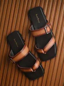 LOUIS STITCH Tan Open Toe Lightweight T-Strap Leather Sandal with Adjustable Buckle Strap