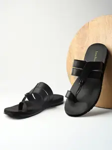 LOUIS STITCH Men Jet Black Open Toe Style Lightweight Toe Ring with Strap Leather Sandal