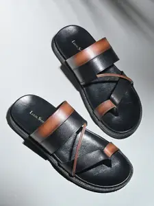 LOUIS STITCH Men Black & Tan Open Toe Lightweight Leather Sandal