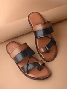 LOUIS STITCH Men Tan and Black Open Toe Style Lightweight Toe Ring Leather Sandal