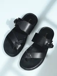 LOUIS STITCH Jet Black Lightweight Open Toe Leather Sandal with Adjustable Buckle