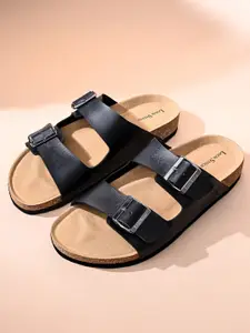 LOUIS STITCH Men Black Lightweight Open Toe Double Strap Slip-on Cork Sandal