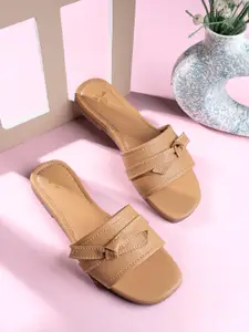 Styli Beige Stitch Detail Open Toe Flats