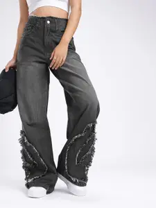 glitchez Women Baggy Wide Leg High-Rise Light Fade Frayed Stretchable Jeans