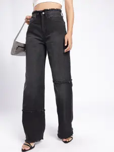 glitchez Women Baggy Wide Leg Panelled High-Rise Frayed Jeans
