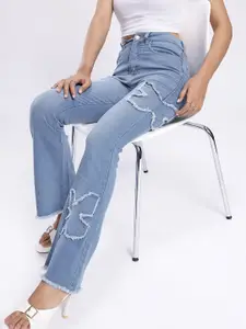 glitchez Women Skinny Flared High-Rise Light Fade Stretchable Frayed Jeans