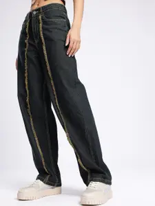 glitchez Women Pure Cotton Skater Fit High-Rise Frayed Jeans