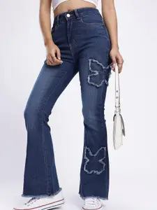 glitchez Women Skinny Flared High-Rise Light Fade Stretchable Frayed Jeans