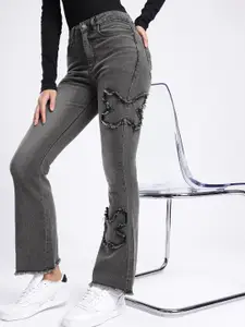 glitchez Women Skinny Flared Fit High-Rise Light Fade Applique Frayed Jeans