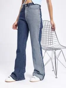 glitchez Women Slim Flared Fit High-Rise Colourblocked Frayed Jeans With Raw Edges
