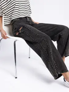 glitchez Women Pure Cotton Baggy High-Rise Faded Panelling Jeans With Side Cut Out