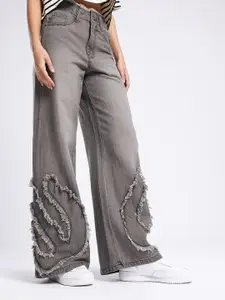 glitchez Women Pure Cotton Baggy Wide Leg High-Rise Faded Applique Frayed Jeans