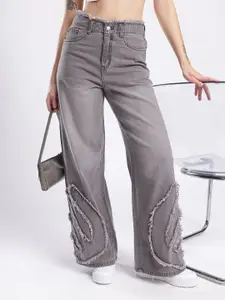 glitchez Women Baggy Wide Leg High-Rise Applique Frayed Jeans