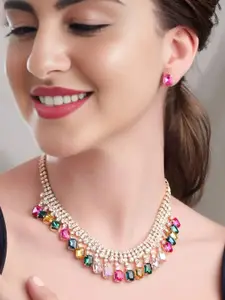 MANSIYAORANGE 18K Gold-Plated AD Studded Necklace and Earrings