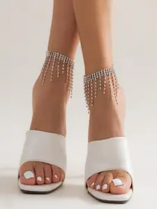 AQUASTREET Silver-Plated Pair Tasseled Rhinestone Anklet