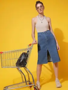 Belliskey Women Solid Front Slit A-line Denim Knee Length Midi Skirt