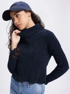 glitchez Knitted Casuals High-Neck Ribbed Velour Sweater