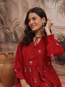 Sangria Printed Pleated Tie-Up Neck Midi Fit & Flare Dress