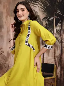 Sangria Geometric Print Ethnic Midi Shirt Dress with Pockets