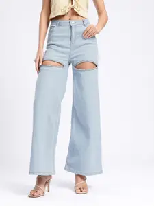 glitchez Women Wide Leg Embellished Cut Out Light Fade Stretchable Jeans