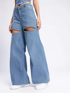 glitchez Women Wide Leg Embellished Cut Out Jeans