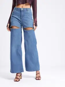 glitchez Women Wide Leg Embellished Cut Out Light Fade Stretchable Jeans
