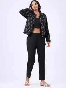 JISORA Printed Pure Cotton Crop Top With Trouser & Jacket
