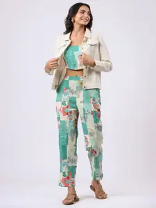JISORA Printed Pure Cotton Crop Top With Trouser & Jacket