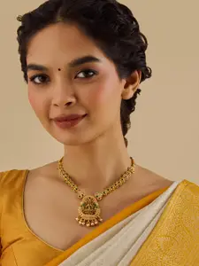 Kushal's Fashion Jewellery 92.5 Pure Silver Gold-Plated Stone Studded Temple Necklace